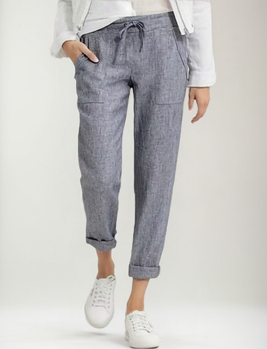 Pantalón De Mujer De Algodón Y Lino Con Cintura Elástica