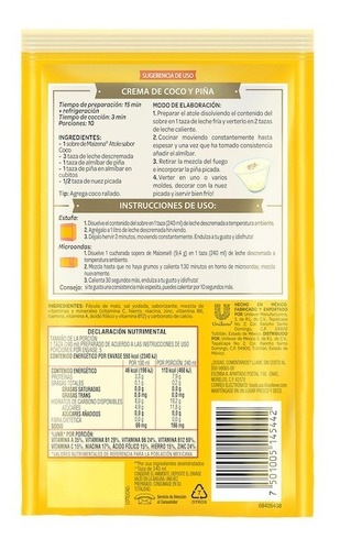 Imagen 2 de 2 de Maizena Fecula De Maiz Atole Sabor Coco Libre De Gluten 47g