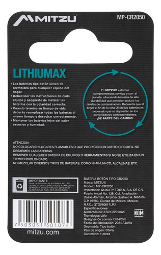 Batería De Litio Tipo Botón Mitzu Cr2050 320 Mah