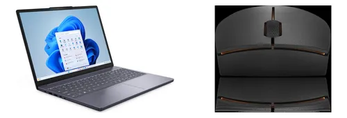Notebook Lenovo Ideapad cinza exibindo a área de trabalho do Windows 11 em uma visão de ângulo lateral.