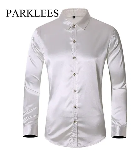 Camisa De Vestir De Sat n Brillante Plateada Para Hombre Ma