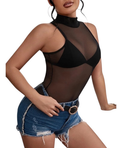 Blusa Transparente Cuello Alzado Hombros Descubiertos Mujer