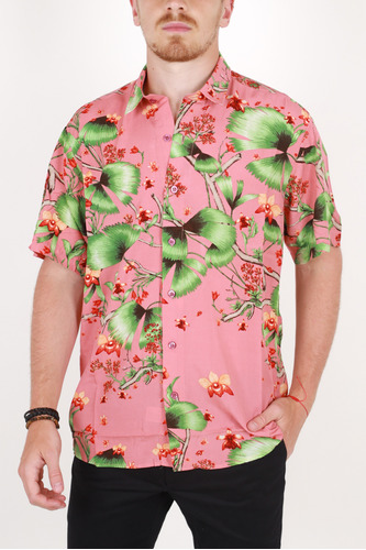 Camisa Hombre Manga Corta Hawaiana Floreada Fibrana