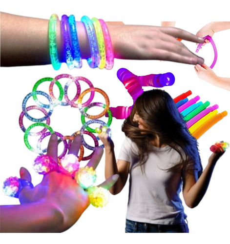 Pack Fiesta Infantil Luminosa Pulseras Pop Tubes Anillos Led