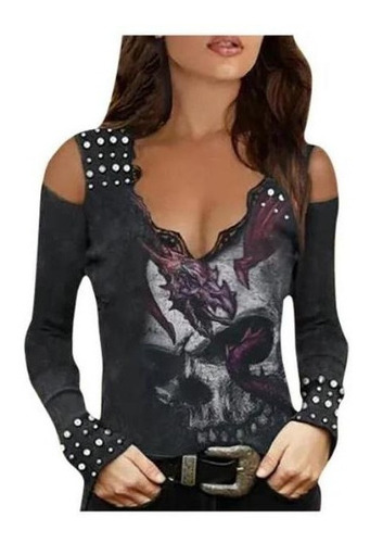 Blusas Mujer Sexy Strapless Skulls Printing Manga Larga