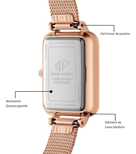Relógio Quadrado Casual Feminino Minimalista New Port Rosé