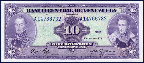 10 Bolívares A8 Enero 29 1974 Simón Bolívar Y A. J. De Sucre