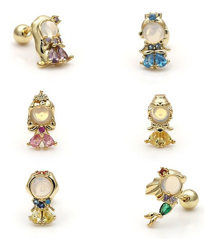 Piercing Princesas Con Zirconias En Chapa De Oro Dorado