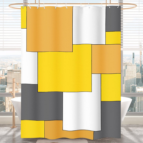 Cortina Ducha Amarilla Mostaza Para Baño Diseño Geometrico X