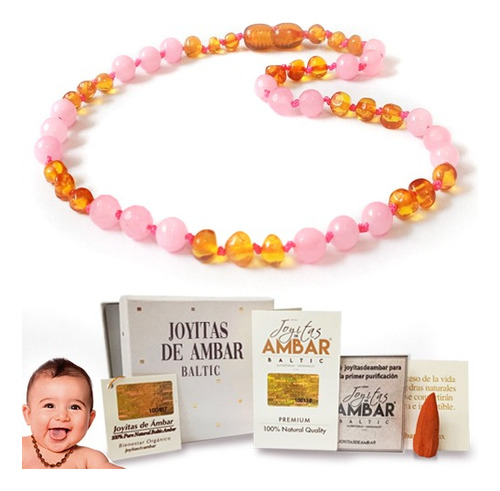 Collar Bebé De Ámbar Báltico Brillo De Protección Rosa 32cm