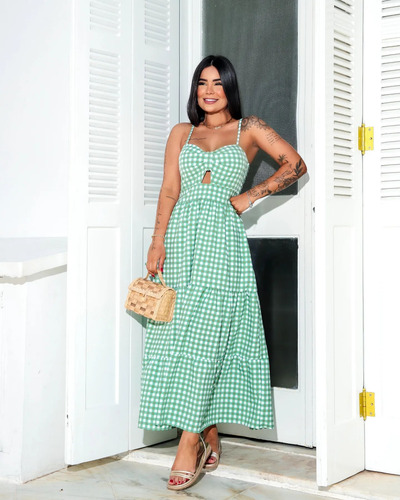 Vestido Feminino Midi Longuete Xadrez Com Lastex Alças Finas