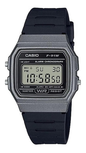 Imagen 1 de 3 de Reloj pulsera Casio Collection F-91 de cuerpo color gris, digital, fondo gris, con correa de resina color negro, dial negro, minutero/segundero negro, bisel color gris y hebilla simple