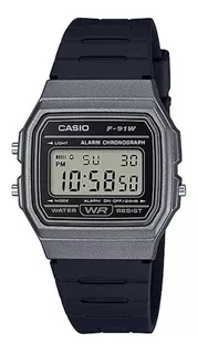 Reloj pulsera Casio Collection F-91 de cuerpo color gris, digital, fondo gris, con correa de resina color negro, dial negro, minutero/segundero negro, bisel color gris y hebilla simple