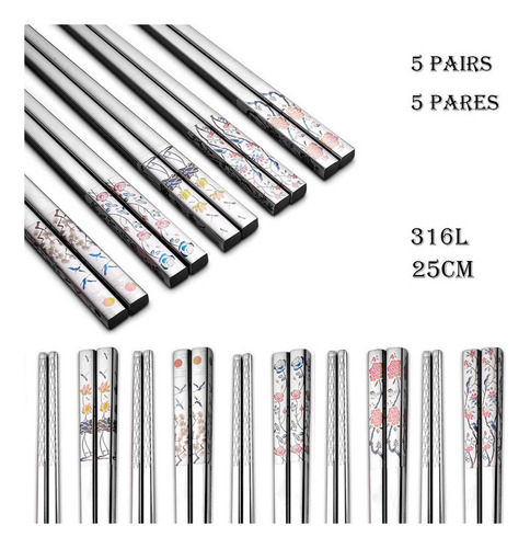 . 5 * Palillos Chinos Japoneses Coreanos De Acero Inoxidable