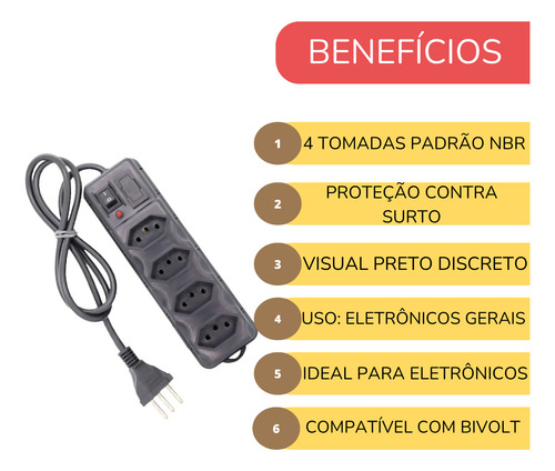 Filtro De Linha Protetor Elétrico 4 Tomadas E Fusivel 85cm