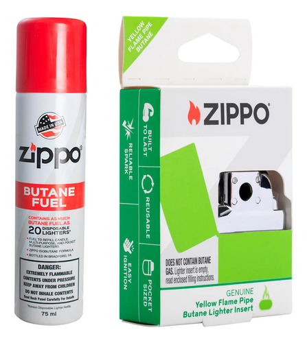 Kit 1 Zippo Butane Fuel De 75 Ml + Insert Zippo Yellow Pipe