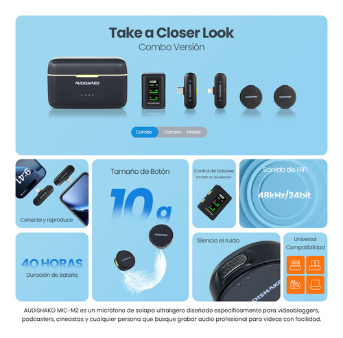Micrófono Inalámbrico Solapa Audishako Mic-M2 Para Combo Color Negro, Para Iphone/Android/Cámara/Pc, Mini Micrófono De Lavalier, Filtro De Voz, Cancelación De Ruido, Batería De 40h Para Grabación Vlog