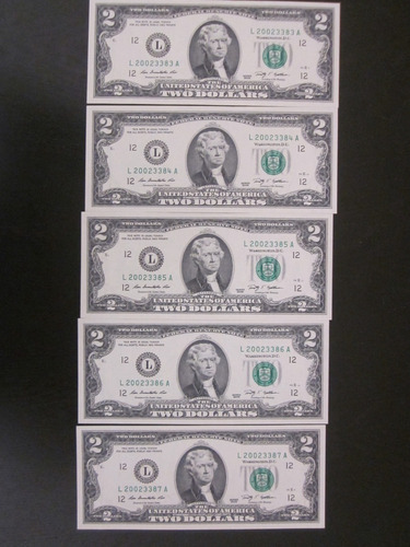 5 Billetes De 2 Dos Dolares Unc Series Consecutivas 2013