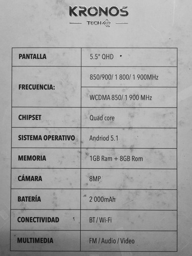 Tech4u Kronos Android 5 Camara 8+ Mpx Memoria 8+1gb Dualsim