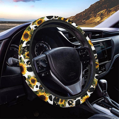 Funda Del Volante Del Coche Estampado De Vaca De Girasol Acc