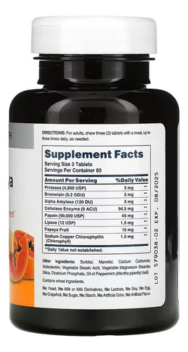 American Health Super Papaya Enzyme Plus 180 Masticables Sabor Sin Sabor