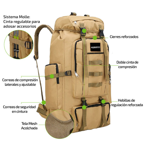 Imagen 5 de 9 de Mochila Tactica Camping 70-100 Lts Mochilero Ampliable Color Caqui