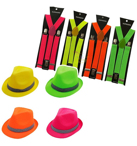 10 Tiradores Fluo + 10 Sombreros Fluo Tanguero Cotillón