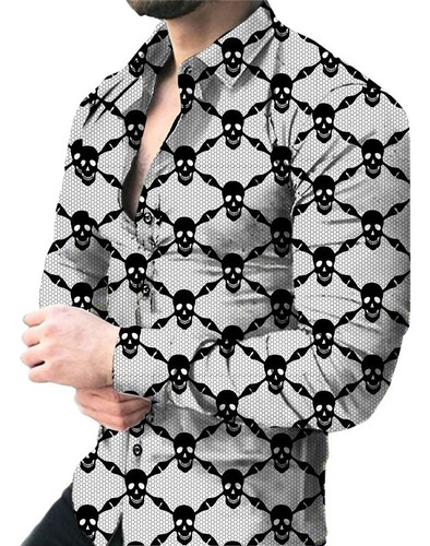 Camisa Masculina De Manga Comprida Com Estampa De Caveira