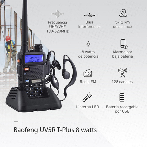 Rádio Biband Baofeng UV5r 8w Biband Walkie Talkie para 2 rádios VHF UHF de cor preta Tipo de frequência UHF/VHF