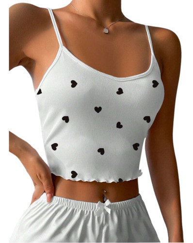 Shein Estampado De Corazón Ribete En Forma De Lechuga Top