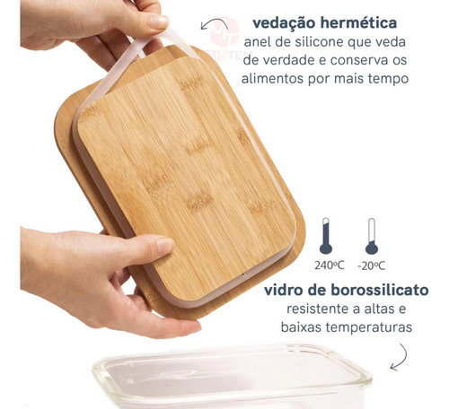 Kit 2 Potes De Vidro Tampa Bambu Retangular Hermético 1040ml