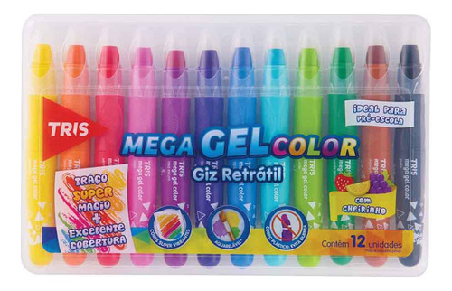 Giz De Cera Retrátil Mega Gel Color 12 Cores Cheirinho Tris