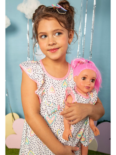 Vestido Poá Corações Ma0216 + Vestido Da Boneca Marthiê