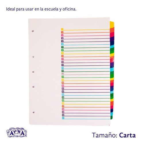 Separador De Carpetas Apsa 31 Divisiones Con 15 Piezas