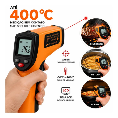 Termômetro Infravermelho Laser Digital 400°C Culinário Para Cozinha Churrasco Fritura Forno Com Visor LCD