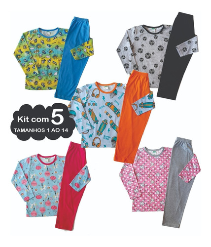 Imagem 1 de 4 de Kit Com 5 Pijamas Infantil Juvenil Menina Menino De Algodão