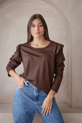 Remera Waffle Panal Frizado Manga Larga Volados Talle Grande