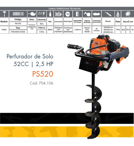 Perfurador De Solo A Gasolina 2,5hp 52cc Terra-psh520