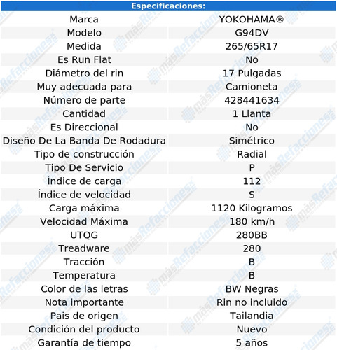 Llanta Yokohama 265/65r17 G94dv 112 S Yokohama