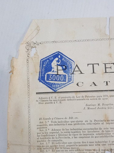 Imagen 6 de 9 de Antigua Patente 25 De Mayo 1878 Venta + Sello 3000 Mag 58064