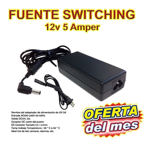 Fuente Swiching 12v 5 Amper Led Camaras Dvr Alarmas Vecinal