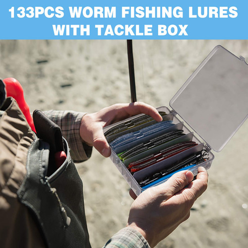 Kit De Señuelos De Pesca Plusinno Wacky Con Caja De Aparejos Kit De Señuelo De Pesca De Gusano Loco De 133 Piezas De 5.5 Pulgadas