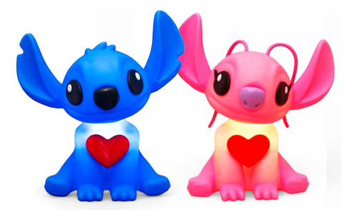 Kit Luminária De Mesa Casal Stitch E Angel Coração Abajur