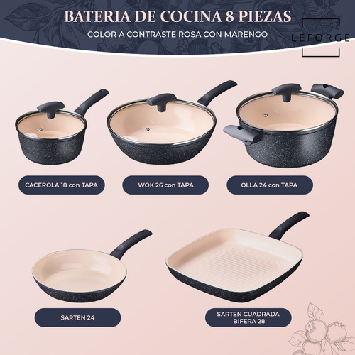 Bateria Cocina Antiadherente Ceramica 8 Pcs Glitter Granito Rosa Con Marengo