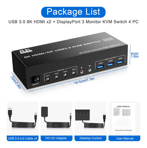 Switch Kvm 8k@60hz Displayport + 2 Hdmi Usb3.0 Para 3