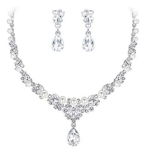 Conjunto De Collar Y Aretes De Perlas Y Cristales Para Novia