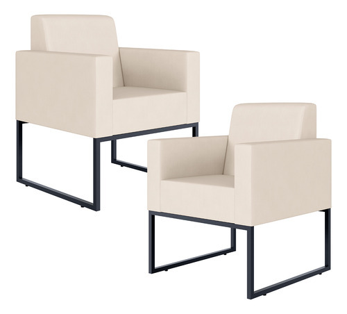Kit 02 Poltronas Decorativas para Sala Recepção Base Fixa De Metal Helô L02 Suede Bege
