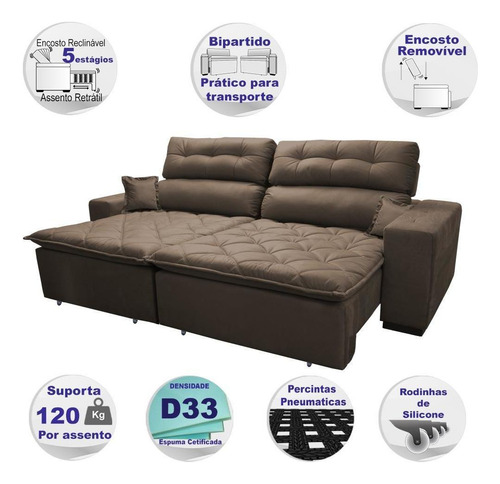 Sofá 2,42m Retrátil E Reclinável Cama Inbox Confort Caf