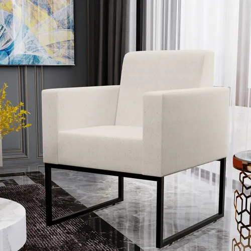 Sillón decorativo de recepción con base fija, diseño Helô, lino crudo, tela lisa, kit 2
