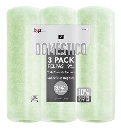 3 Pack Felpa Baja Densidad Uso Domestico 9 X 3/4 Byp